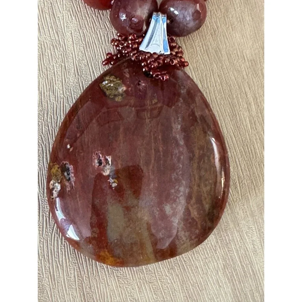 Gorgeous Carnelian Pendant on Carnlian and Orca Agate Strand Necklace w/Earrings - Picture 7 of 13